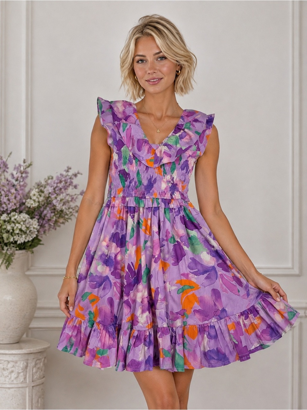 Floral Ruffle V-Neck Mini Dress - 632
